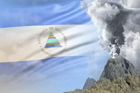 Big volcano blast eruption at day time with white smoke on Nicaragua flag Stock Illustration
