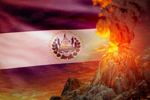 Big volcano blast eruption at night with explosion on El Salvador flag Stock Illustration