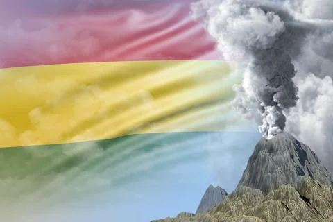 Big volcano eruption at day time with white smoke on Bolivia flag background イラスト素材