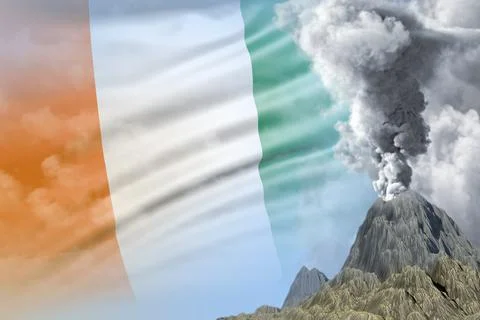 Big volcano eruption at day time with white smoke on Cote d Ivoire flag Stock Illustration
