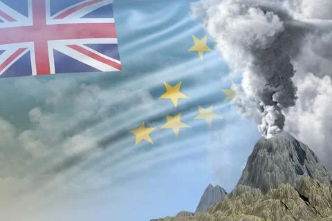 Big volcano eruption at day time with white smoke on Tuvalu flag background Stock Illustration