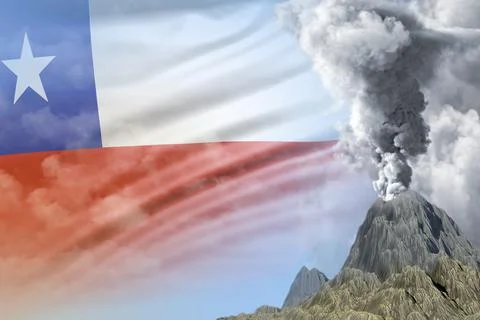 Big volcano eruption at day time with white smoke on Chile flag background Illustrazione stock