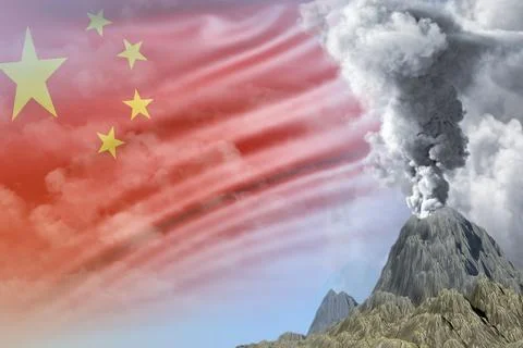 Big volcano eruption at day time with white smoke on China flag background Stock Illustration