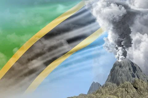 Big volcano eruption at day time with white smoke on Tanzania flag background Illustrazione stock