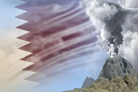 Big volcano eruption at day time with white smoke on Qatar flag background 스톡 일러스트