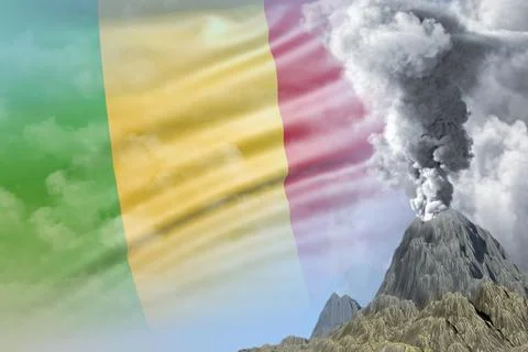 Big volcano eruption at day time with white smoke on Mali flag background Stock Illustration