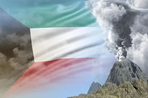 Big volcano eruption with smoke on Kuwait flag ual Stock Illustration