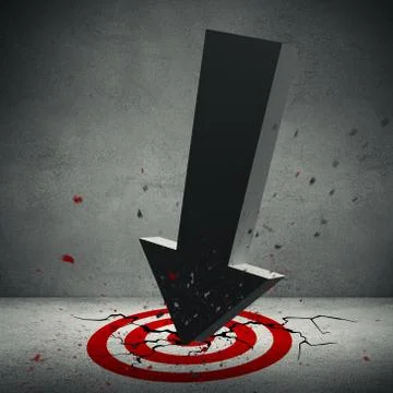 Big volumetric arrow crashed in the red target on the floor Stock Illustration