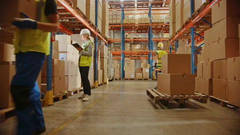 Big Warehouse with Cardboard Boxes and People Working Stock Footage 141578690