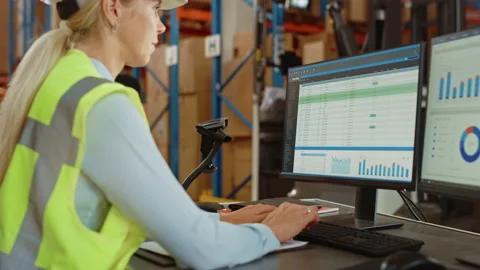 Big Warehouse Worker uses Personal Computer with Spreadsheets Stock Footage 141575518