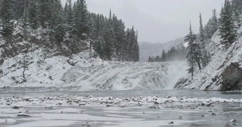 A big waterfall on a river during a cold winter day Stock Footage 150489470