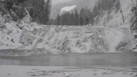A big waterfall on a river during a cold winter day Stock Footage 150489772