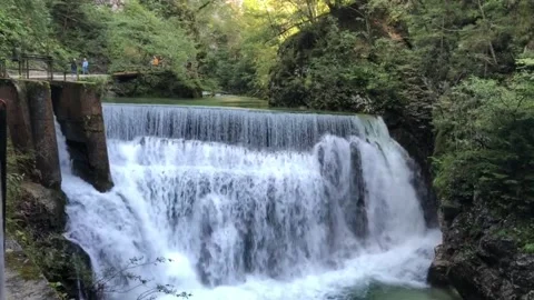 The Big Waterfall In Vintgar Gorge, Bled, Slovenia Stock Footage 135675602