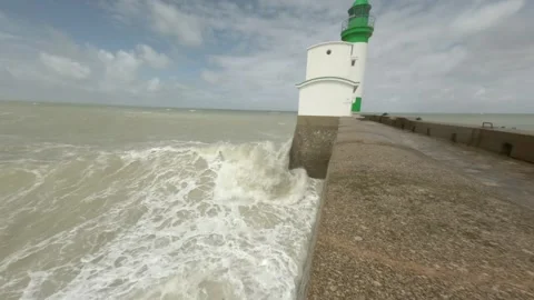 Big Wave Crash on Camera in Slow Motion, Wet Camera, Lighthouse, Pier Video stock 250835622