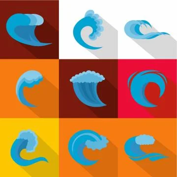 Big wave icons set, flat style Stock Illustration