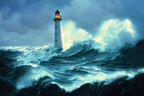 Big wave over old lighthouse. Lighthouse In stormy landscape. Stock Illustration