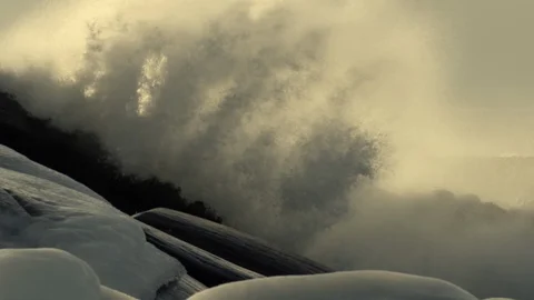 Big wave splash over the rock, sea spray, slow motion Video stock 94682586