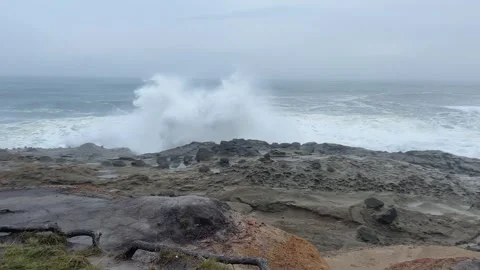 Big wave splashes on Oregon Coast Pacific Ocean Video stock 329448773
