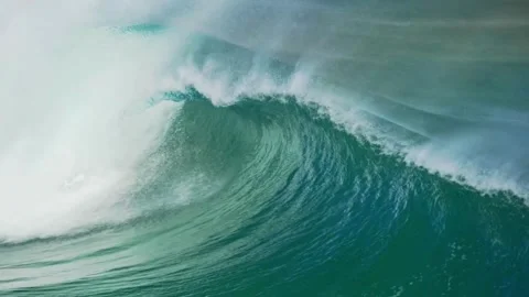 Big wave surf in clear weather with strong wind, Beautiful turquoise sea waves Stock Footage 336585896