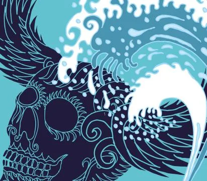 Big wave tattoo skull vector art Stock Illustration