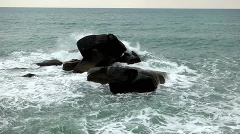 Big waves among rocks on exotic beach, Koh Samui Lamai Island, Thailand Stock Footage 4784134