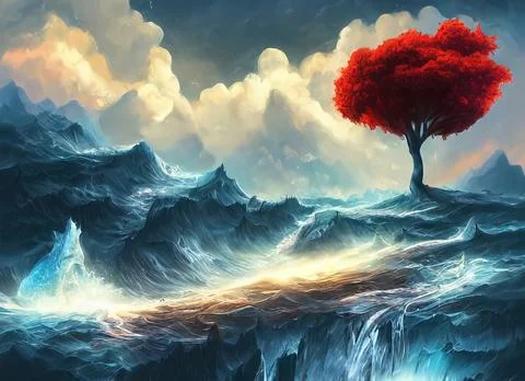 Big waves and a red tree fantasy artwork Stock-Illustration