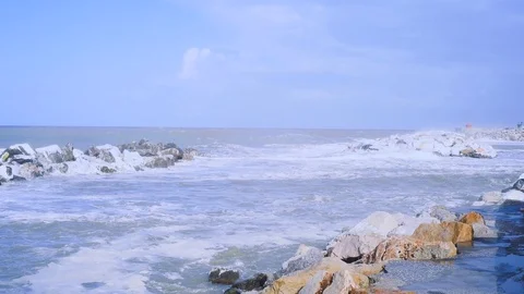 Big waves and storm in Marina di Pisa, Italy Stock Footage 121614717