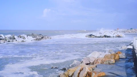 Big waves and storm in Marina di Pisa, Italy Stock Footage 121614796