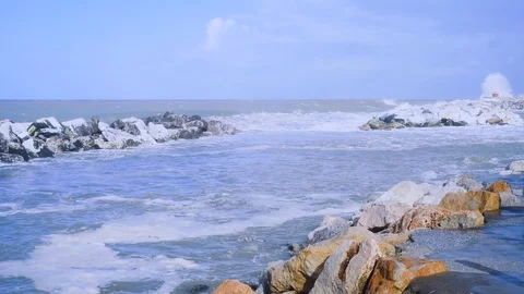 Big waves and storm in Marina di Pisa, Italy Stock Footage 121614906