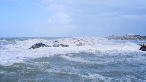 Big waves and storm in Marina di Pisa, Italy Stock Footage 121664880