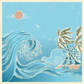Big waves blue seascape Stock Illustration
