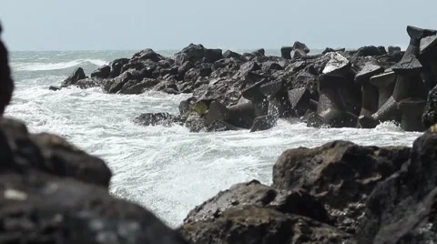 Big Waves Break on Rocks Stock Footage 51017090