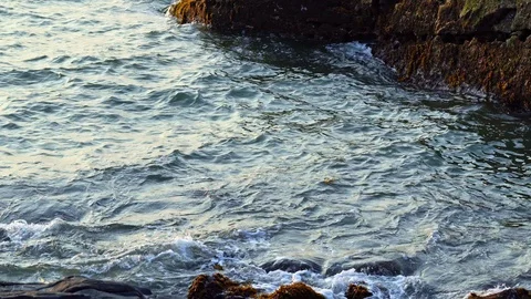 Big waves break on the rocky shore Stock Footage 126841255