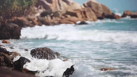 Big waves crashing on stone beach. 1920x1080 Stock Footage