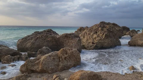 Big waves crushing on the big rocks on Kavalikefta Beach, Lefkada, Greece. Stock Footage 255382626