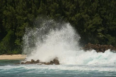 Big waves crusing on huge granite stones on Mahe island, Seychelles 2 Stock Photos