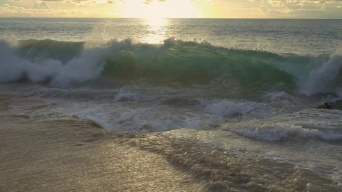 Big waves in high tide ocean during sunset near beach with rock and seaweed 動画素材 115025669