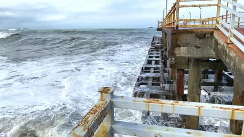 Big waves near the pier Stock Footage 160588148