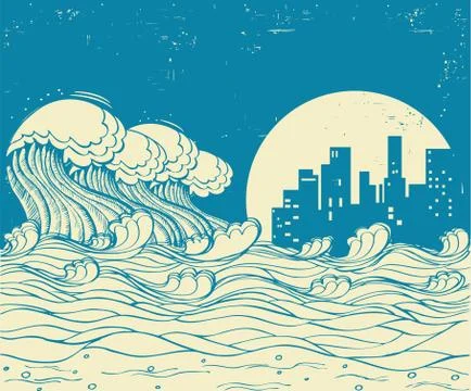 Big waves in night.Vector poster illustration on old paper texture Stock Illustration
