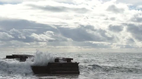 Big waves at the pier Stock Footage 46448953