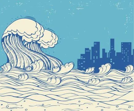 Big waves poster illustration on old paper texture Stock Illustration