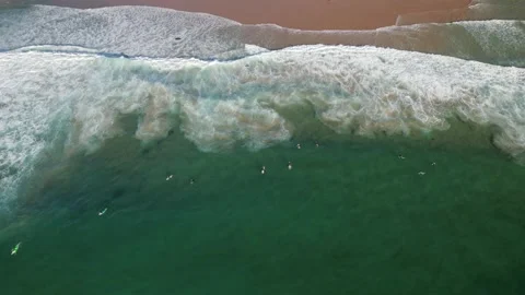 Big Waves rolling from above. Top down 4k drone view on blue turquoise ocean Stock Footage 211885317