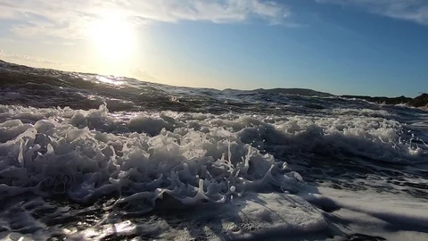 Big Waves On A Sea Beach At Sunset. Beautiful Waves Of Slow Motion Video On The Video stock 121472985