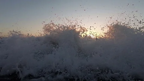 Big Waves On A Sea Beach At Sunset. Beautiful Waves Of Slow Motion Video On The Video stock 121473137