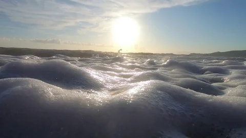 Big Waves On A Sea Beach At Sunset. Beautiful Waves Of Slow Motion Video On The Video stock 121528334