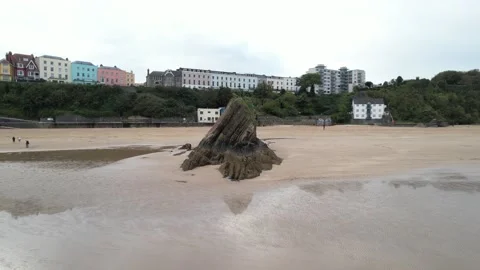 Big weathered rock on sandy beach on sea coast Stock Footage 166657591