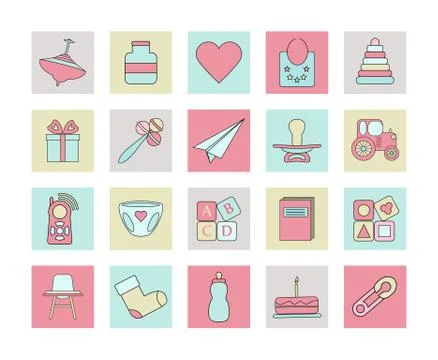 Big web square icon set. Baby, toy, feed and care colorful ready to use isola Stock Illustration