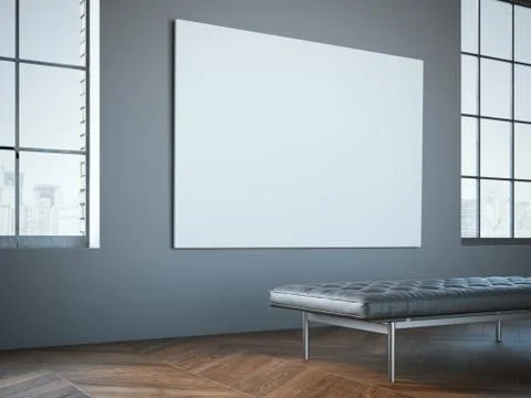 Big white canvas in the gallery with leather chaise-longue. 스톡 일러스트