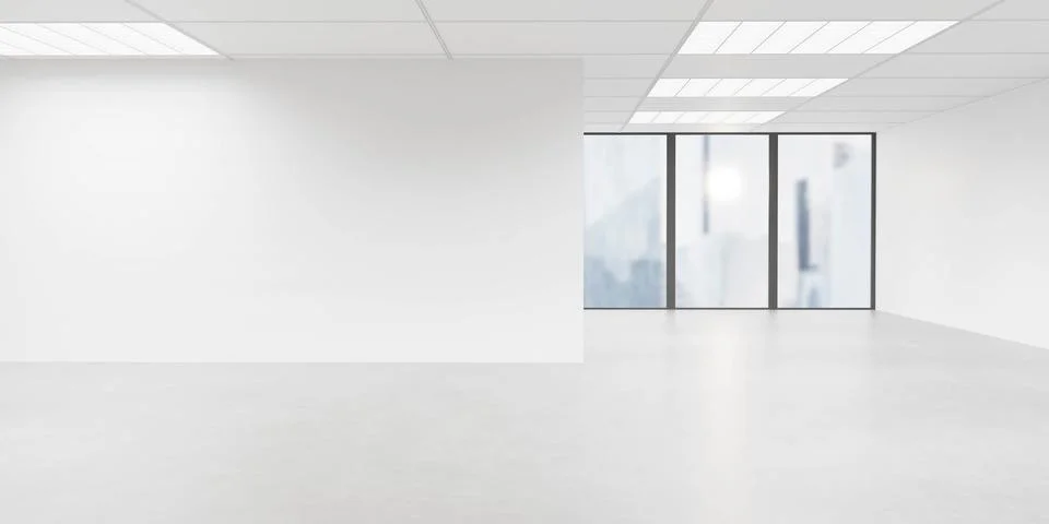 Big white empty loft room with big window and city view 3D render illustration Stock Illustration