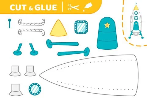 Big white rocket with door. Cut and glue. Rocket. Applique. Paper game. Vector Stock Illustration